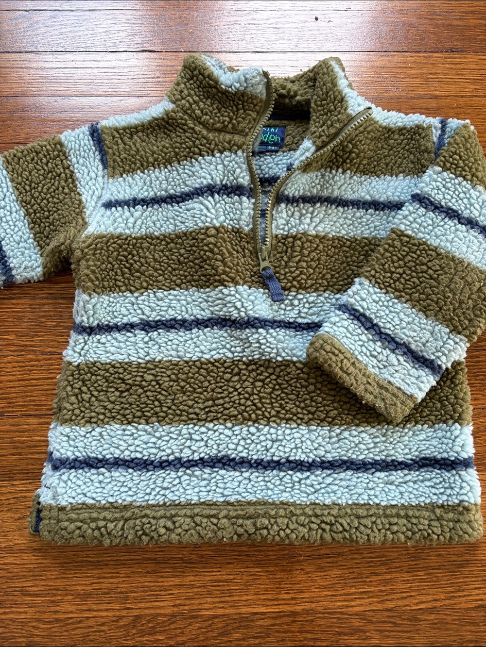 Mini Boden Olive & Light Blue Striped Sherpa Half-Zip Pullover